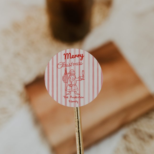 Retro Drawn Red Stripes Santa Claus Christmas Runder Aufkleber (Von Creator hochgeladen)