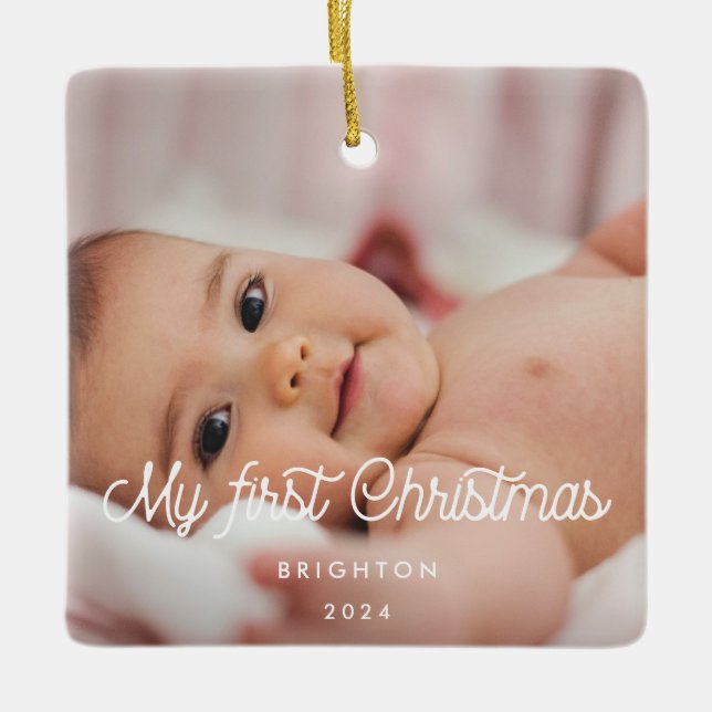 Retro-Drehbuch Mein erstes Weihnachtsbaby-Foto Keramikornament (Vorderseite)