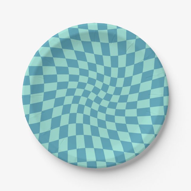 Retro Drehung Blue Karos Warp Checkerboard Pappteller (Vorderseite)