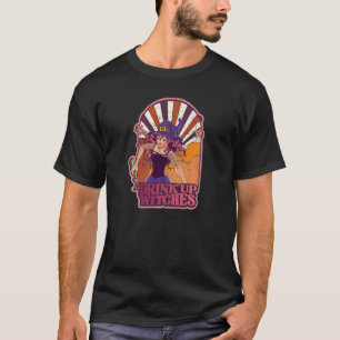 Retro Drink Up Witches Skeleton Witch Vibes Spooky T-Shirt