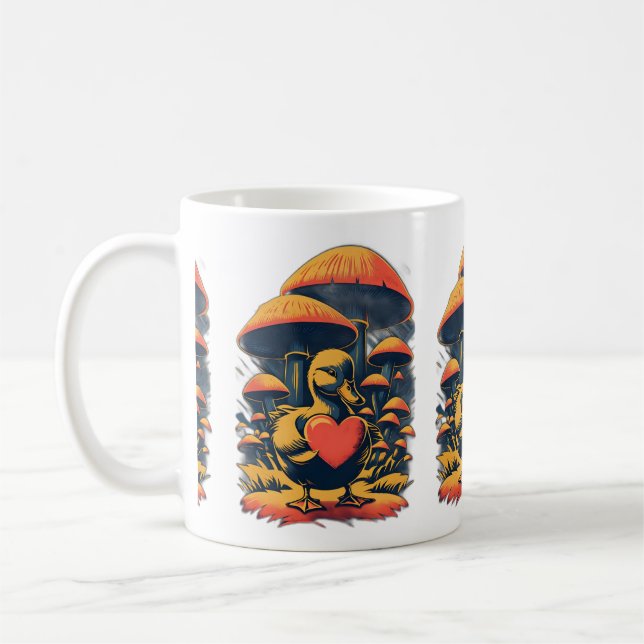 Retro Duckling hält eine Herz-Tasse Kaffeetasse (Links)