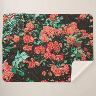 Retro Dunkelrote Rosen Pünktchen Blumenmuster Sherpadecke