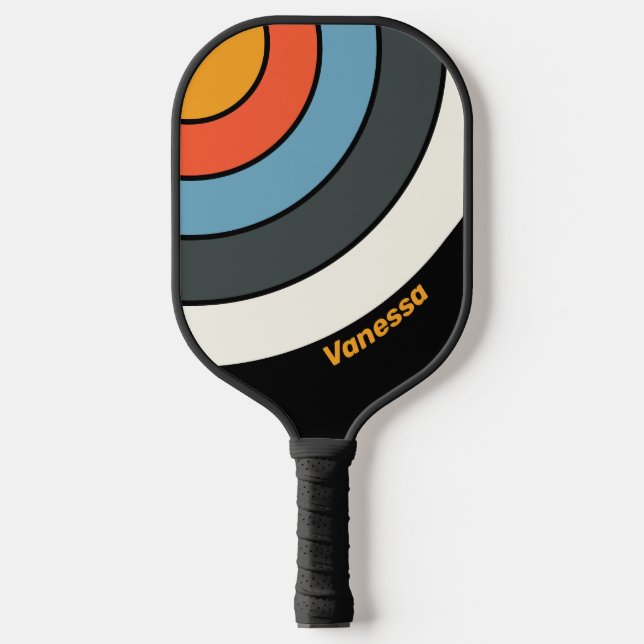 Retro Dunkler Regenbogenkreis Streifen mit Name Pickleball Schläger (Vorderseite)