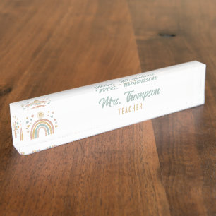 Retro Earthy Colors Rainbow and Sun Teacher Namensplakette