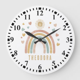 Retro Earthy Colors Watercolor Rainbow and Sun Große Wanduhr