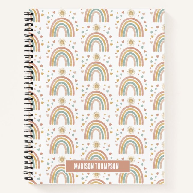 Retro Earthy Colors Watercolor Rainbow Sun Pattern Notizbuch (Vorderseite)