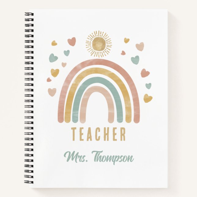 Retro Earthy Colors Watercolor Rainbow Sun Teacher Notizbuch (Vorderseite)