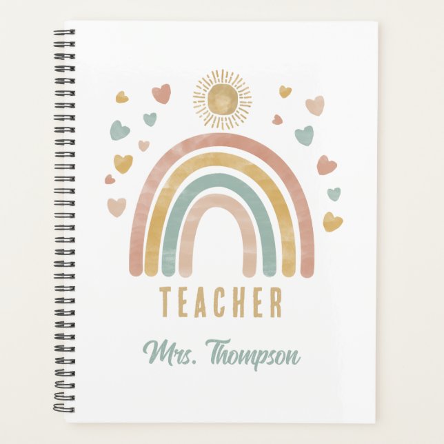 Retro Earthy Colors Watercolor Rainbow Sun Teacher Planer (Vorderseite)