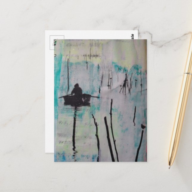 Retro Ein Boot und ein Vogel Schwarz Weiß Blau  Postkarte (Vorderseite/Rückseite Beispiel)