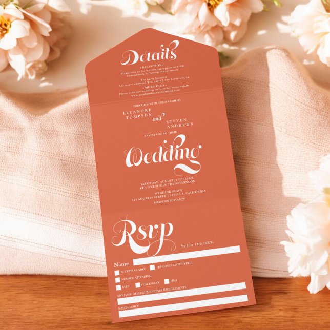 Retro einfache orange weiße Drehschrift schicke Ho All In One Einladung (Retro simple orange white script chic wedding all in one invitation)