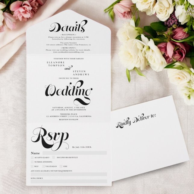 Retro einfache Schwarz-Weiß-Drehbuch-Hochzeit All In One Einladung (Retro simple black white script chic wedding all in one invitation)