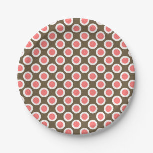 Retro eingekreiste Punkte, Taupe und Korallenrosa Pappteller
