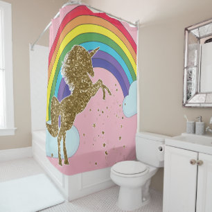 Retro Einhorn Regenbogen & Goldene Sterne Mädchen Duschvorhang