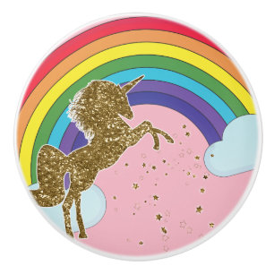Retro Einhorn Regenbogen & Goldene Sterne Mädchen Keramikknauf