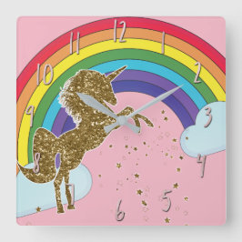 Retro Einhorn-Regenbogen-u. Goldsterne Quadratische Wanduhr