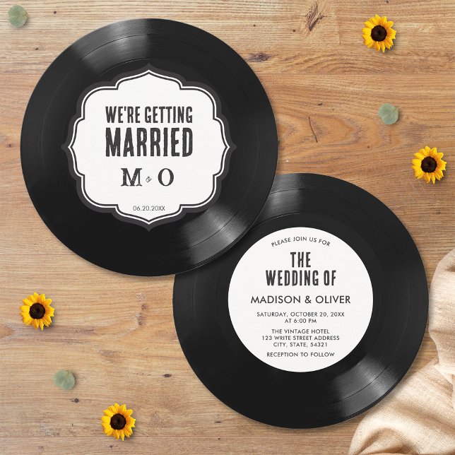 Retro Einzigartige Schwarz-Weiß Vinyl Hochzeit Einladung (Front/Back)