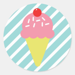 Retro-Eiscreme-Kegel in Rosa mit blauen Streifen Runder Aufkleber