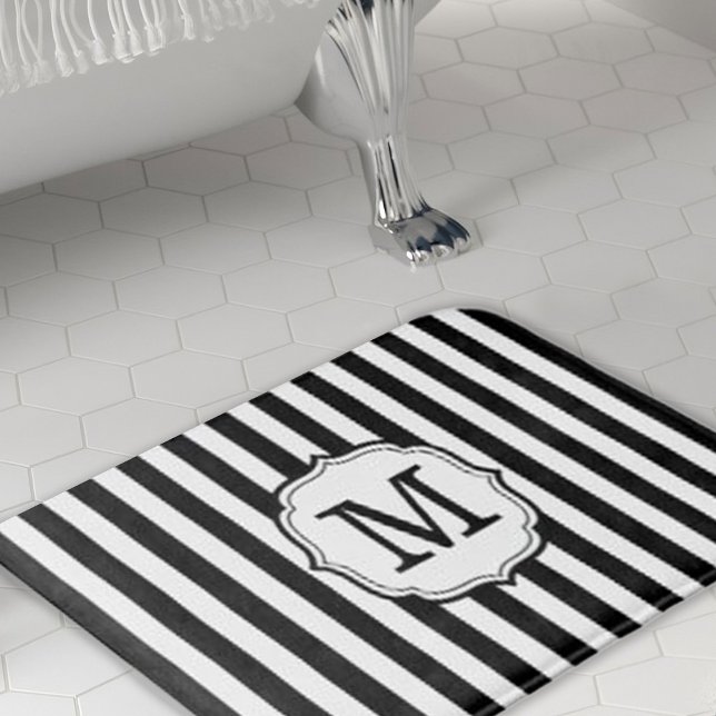 Retro Elagant Personalized Stripe Bath Mat Badematte (retro elegant black and white stripe bath mat)