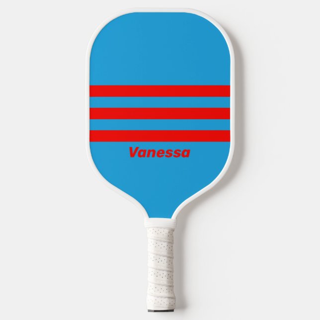 Retro Electric Blue Red drei über den Stripname Pickleball Schläger (Vorderseite)