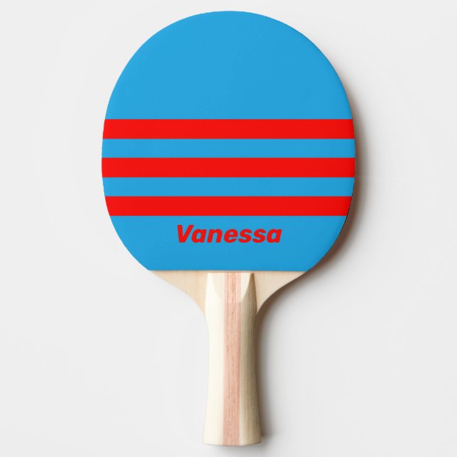 Retro Electric Blue Red Three Across Stripe & Name Tischtennis Schläger (Vorderseite)