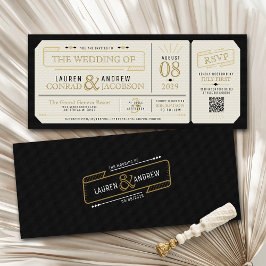 Retro Elegant Black & Gold Vintage Ticket Wedding Einladung