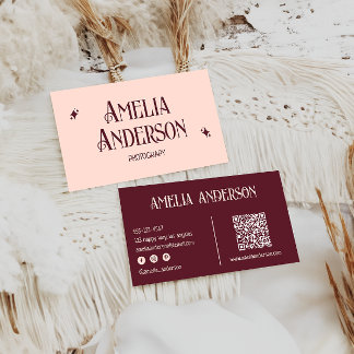 Retro Elegant Blush & Burgundy Qr Code Visitenkarte