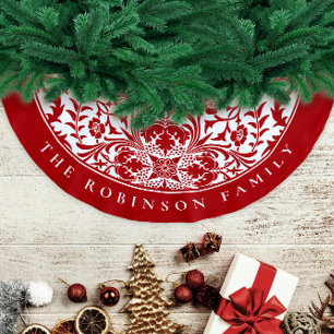 Retro Elegant Rot Weiß Weihnachts-Blumenmuster Polyester Weihnachtsbaumdecke