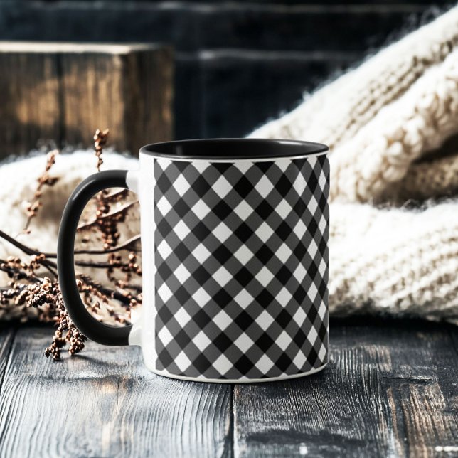 Retro Elegant Schwarz-Weiß Gingham Tasse (retro elegant black and white gingham check mug)