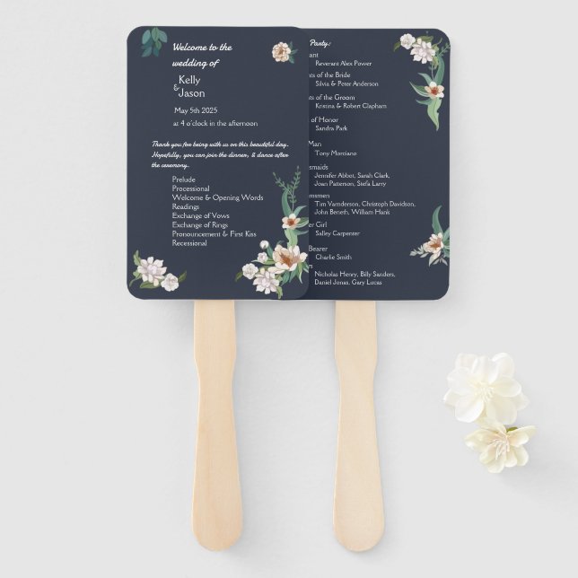 Retro Elegante weiße Blume Frame Navy Hintergrund Fächer (Vorne und Hinten)