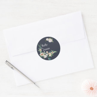 Retro Elegante weiße Blume Frame Navy Hintergrund Runder Aufkleber