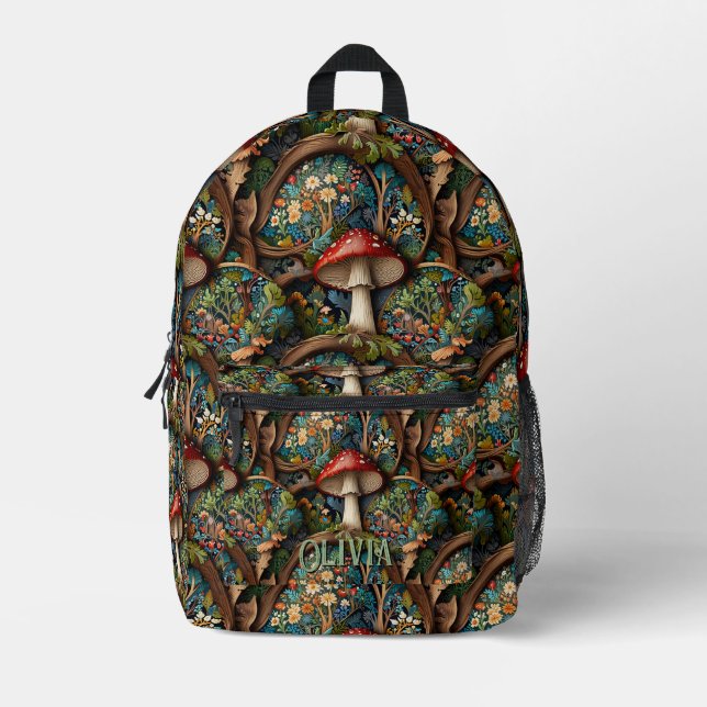 Retro-elegantes bohemisches Pilzwaldmuster Bedruckter Rucksack (Vorderseite)