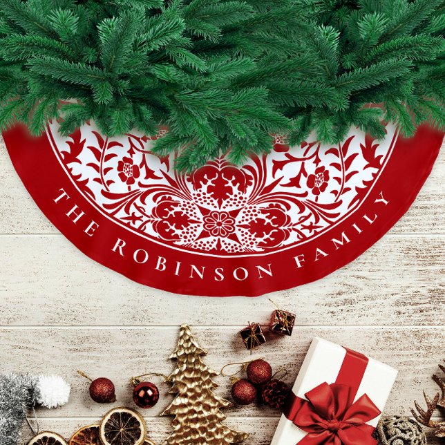 Retro Elegantes Rotes Weihnachtsblumenmuster Polyester Weihnachtsbaumdecke (Von Creator hochgeladen)