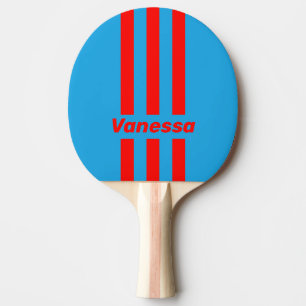 Retro Elektrisch Blau Rot Drei Pin Streifen & Name Tischtennis Schläger