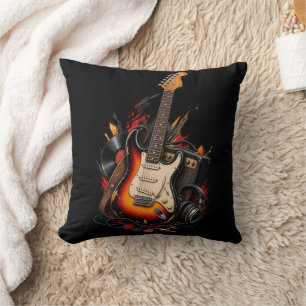Retro-Elektrische Gitarre & Amp Rock-Musik Schwarz Kissen