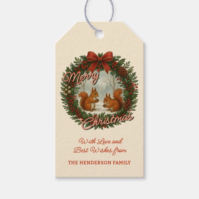 Retro English Holiday Kranz mit Niedlichen Eichhör Geschenkanhänger (Vorderseite)