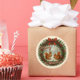 Retro English Holiday Kranz mit Niedlichen Eichhör Runder Aufkleber