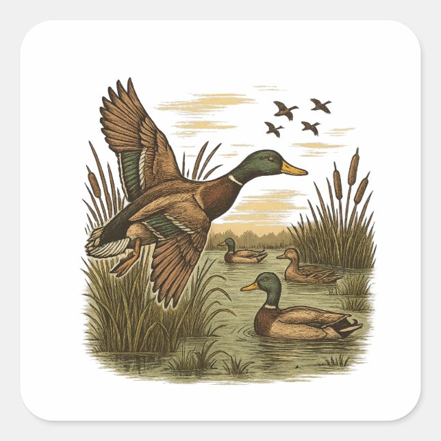 Retro-Entenjagd,  Quadratischer Aufkleber (Vorderseite)