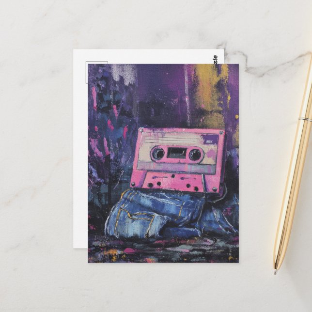 Retro-Erinnerungen Denim und Kassettenband Postkarte (Vorderseite/Rückseite Beispiel)