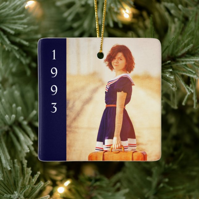 Retro Erinnerungen Story Blue Year Foto Keramikornament (Baum)