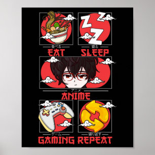 Retro Essen Schlaf Anime Gaming Wiederholen Kawaii Poster