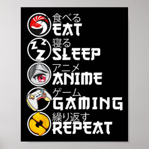 Retro Essen Schlaf Anime Gaming Wiederholen Kawaii Poster