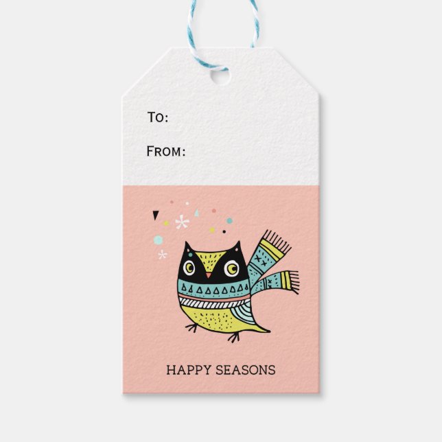 Retro-Eule-Happy-Saison Geschenkanhänger (Vorderseite)