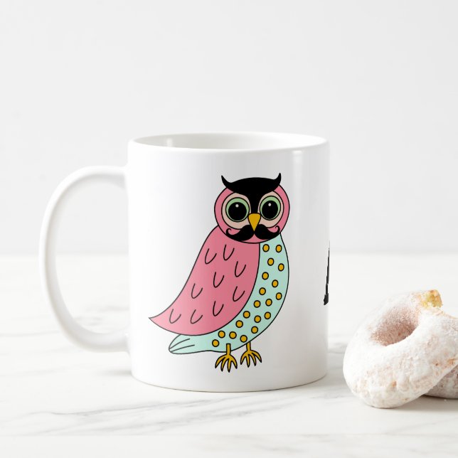 Retro Eule mit Schnurrbart-Monogramm Kaffeetasse (Mit Donut)