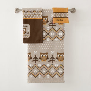 Retro-Eulen-Strickdesign Badhandtuch Set