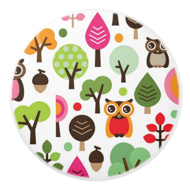 Retro Eulenmuster des rosa Blattbaums Keramikknauf (Vorderseite)