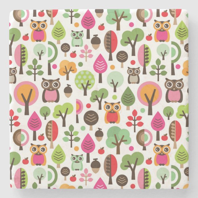Retro Eulenmuster des rosa Blattbaums Steinuntersetzer (Vorderseite)