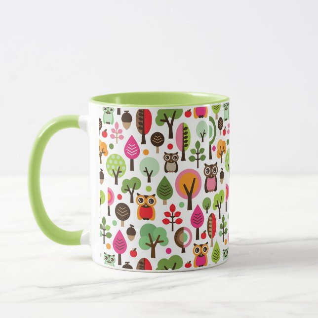 Retro Eulenmuster des rosa Blattbaums Tasse (Links)