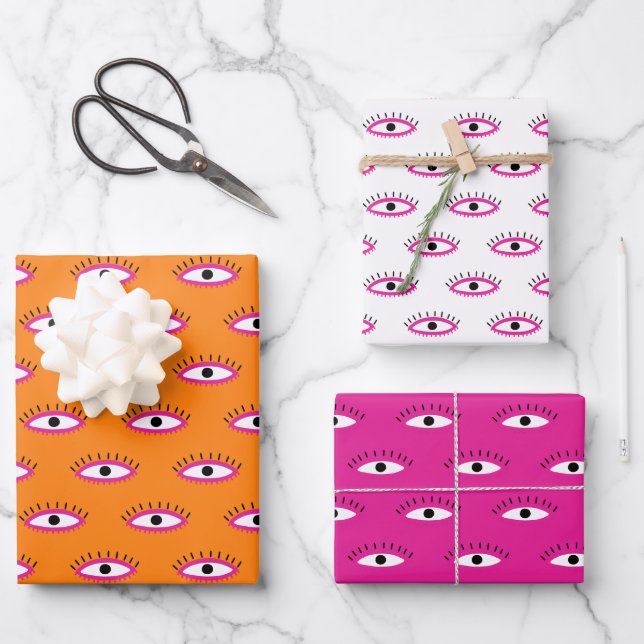 Retro Evil Eye Muster Rosa Orange White BOHO Geschenkpapier Set (Vorderseite)