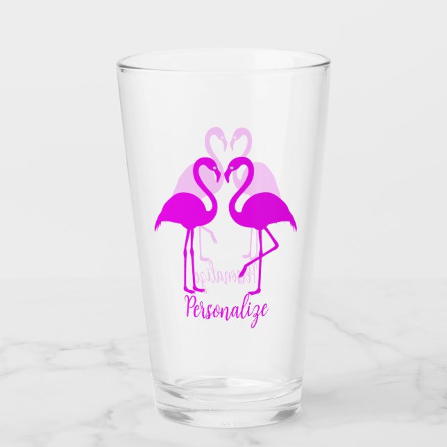 Retro Exotic Pink Flamingo Romantisches Herzdesign Glas (Vorderseite)
