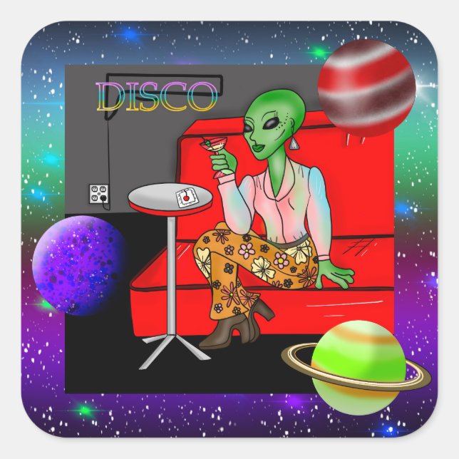 Retro Extraterrestrial in der Disco Lounge aus den Quadratischer Aufkleber (Vorderseite)
